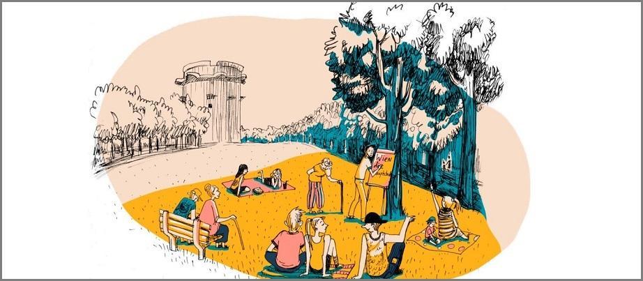 Menschen sitzen im Park und lernen